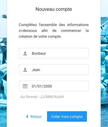 Formulaire Nouveau compte : nom, prénom, date de naissance