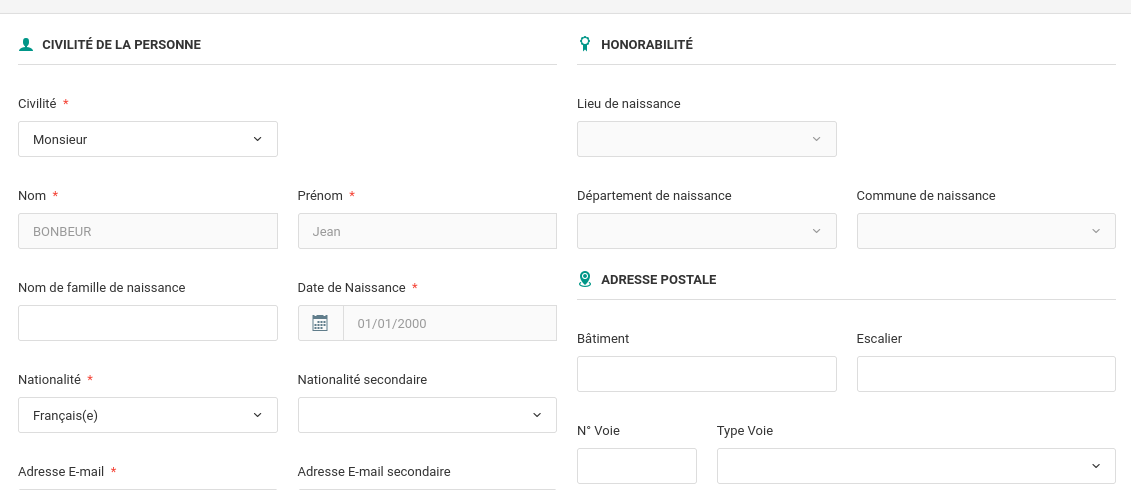 Formulaire d'identité de la personne