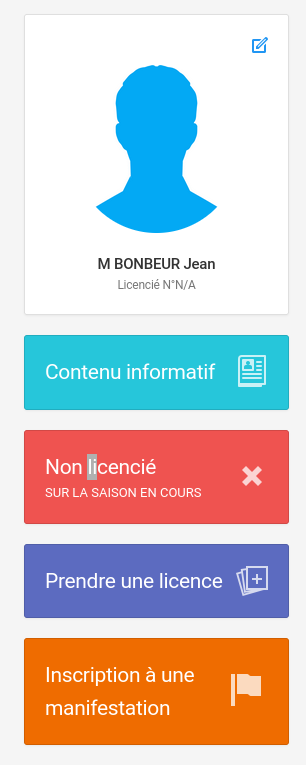 Menu de l'espace licencié avec le bouton Prendre une licence