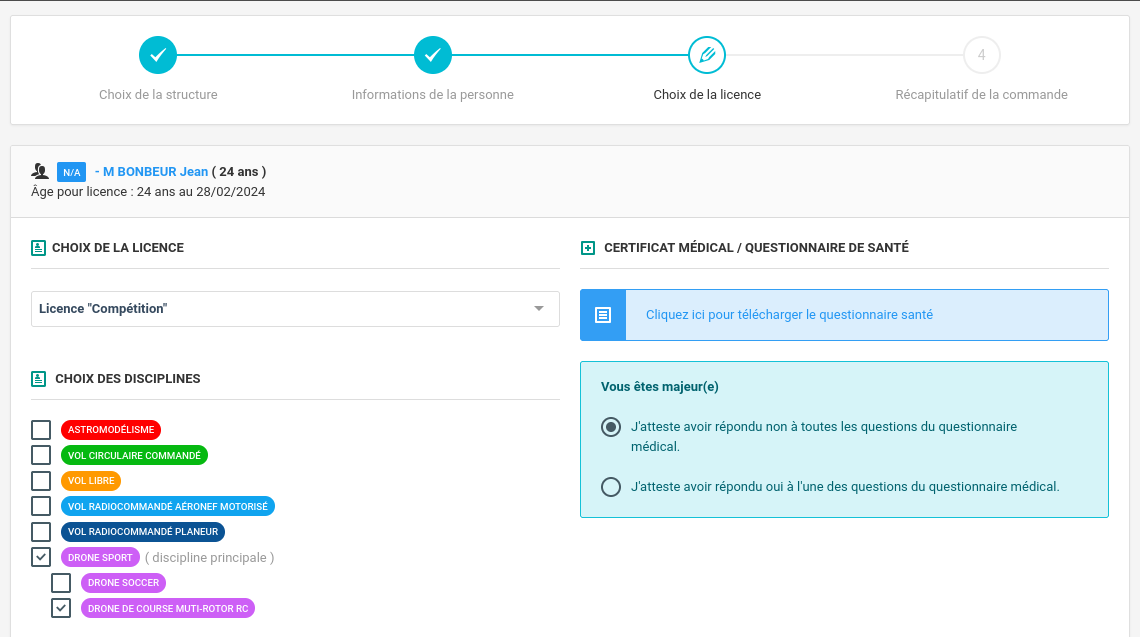 Choix du type de licence et des disciplines
