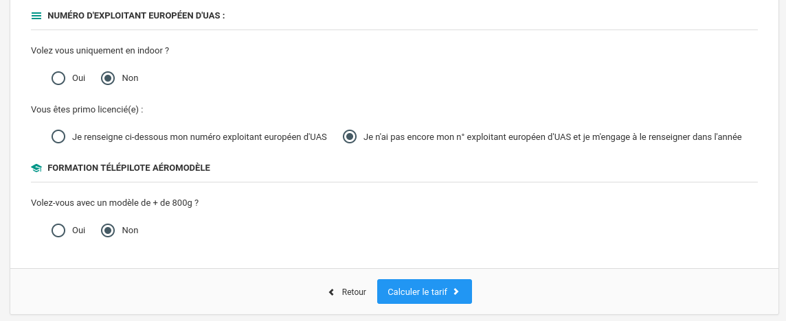 Formulaire numéro d'exploitant et formation télépilote