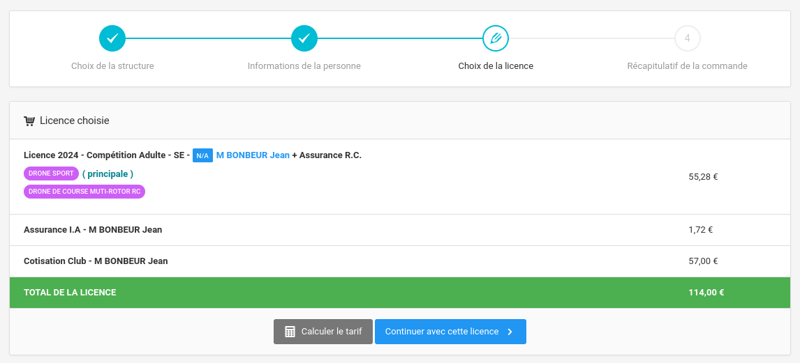 Récapitulatif de la licence choisie