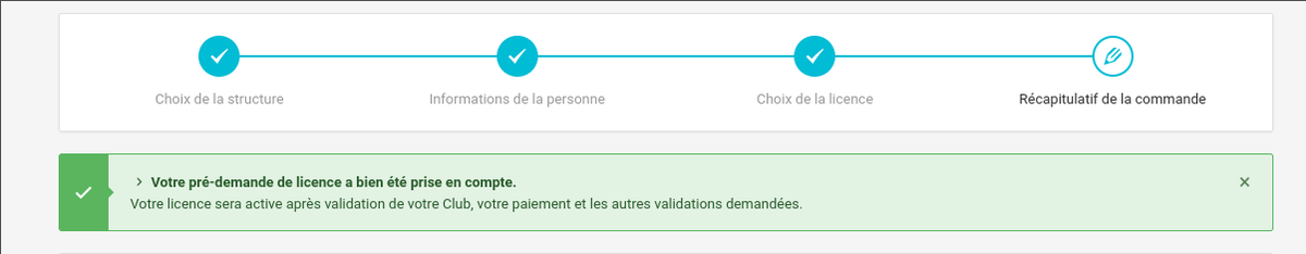 Message : votre pré-demande de licence a bien été prise en compte