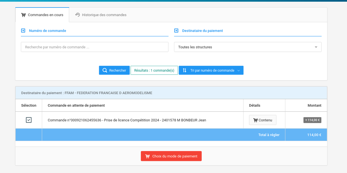 Liste des commandes en attente de paiement
